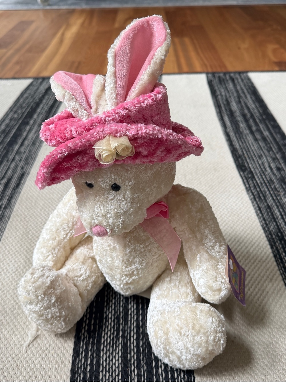 Self Expressions Ivory Easter Bunny Plush with Pink Hat and Ribbon New!